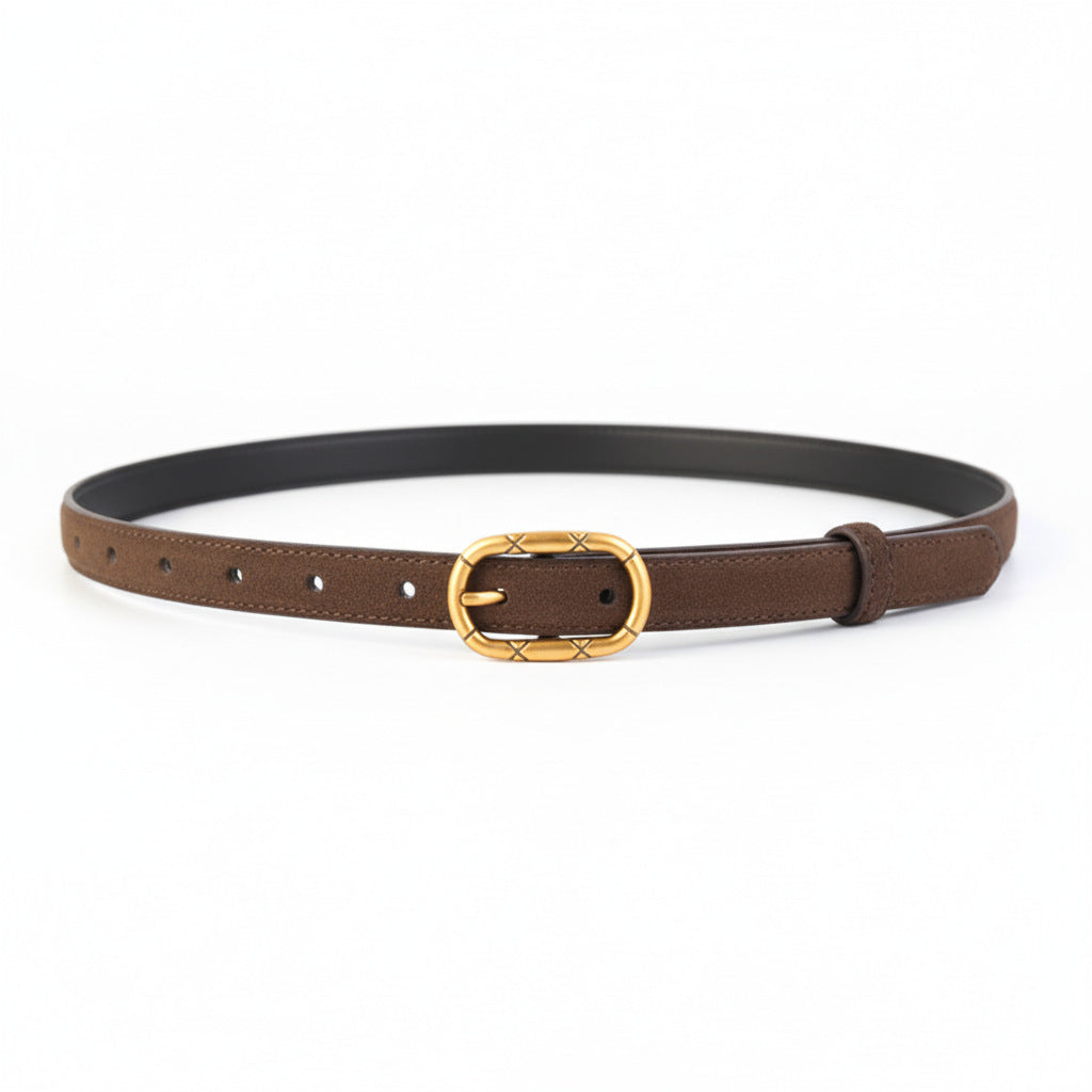 Brown cowhide leather belt with ornate golden buckle and stitched detail