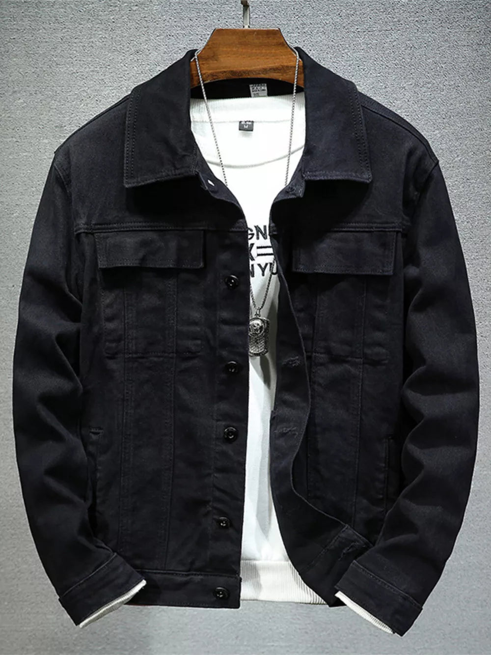 Men's Plus Size Button Up Denim Jacket in Black, close-up detail