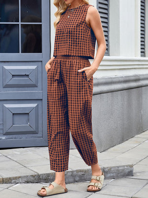 Caramel gingham cropped tank top and tapered trousers set with pockets.