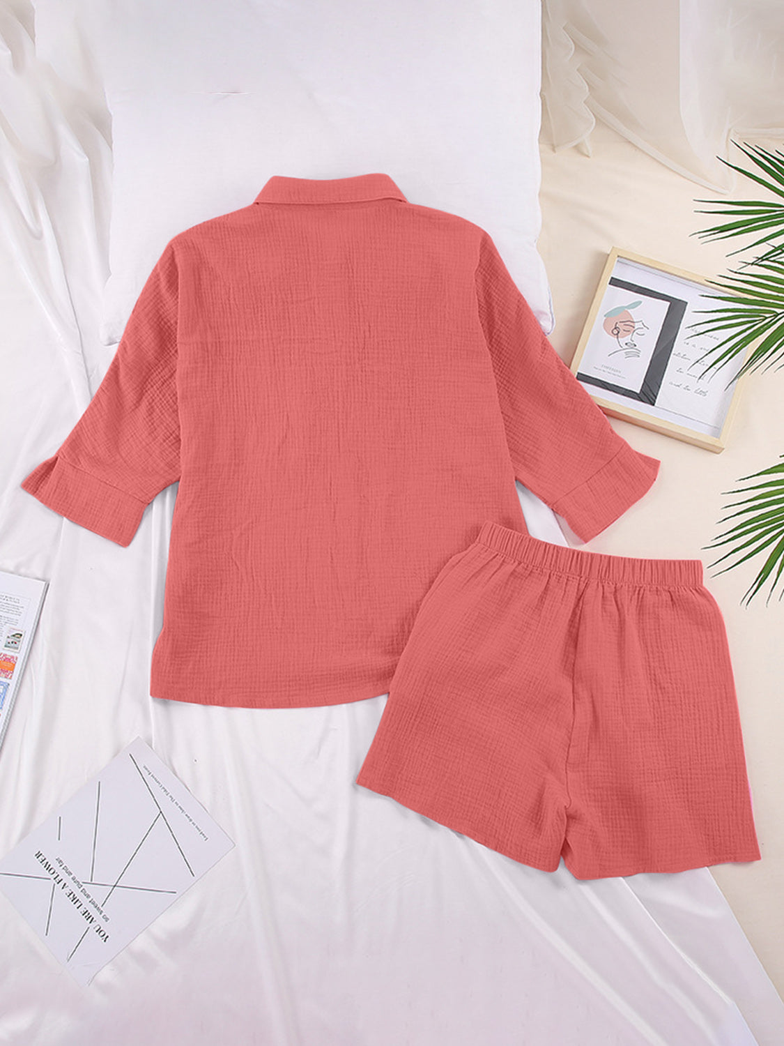 Coral gauze cotton resort shirt & shorts set with buttoned collar and elastic waist shorts.