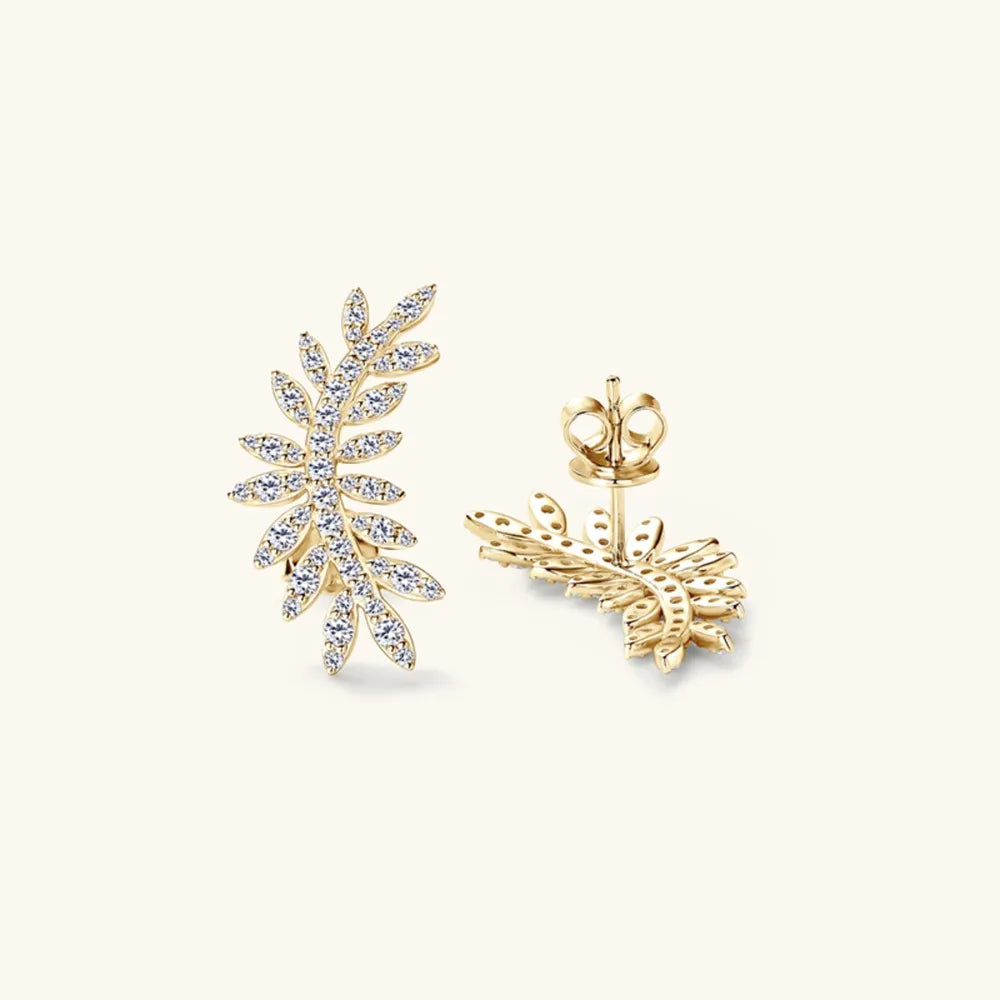 Gold leaf climber earrings with clear crystals