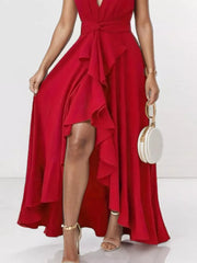 Red ruffled high-low maxi dress with a V-neck and flowing skirt.