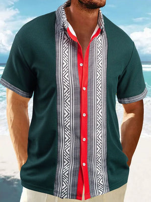 Dark green textured panel Cuban shirt with geometric print and red trim.