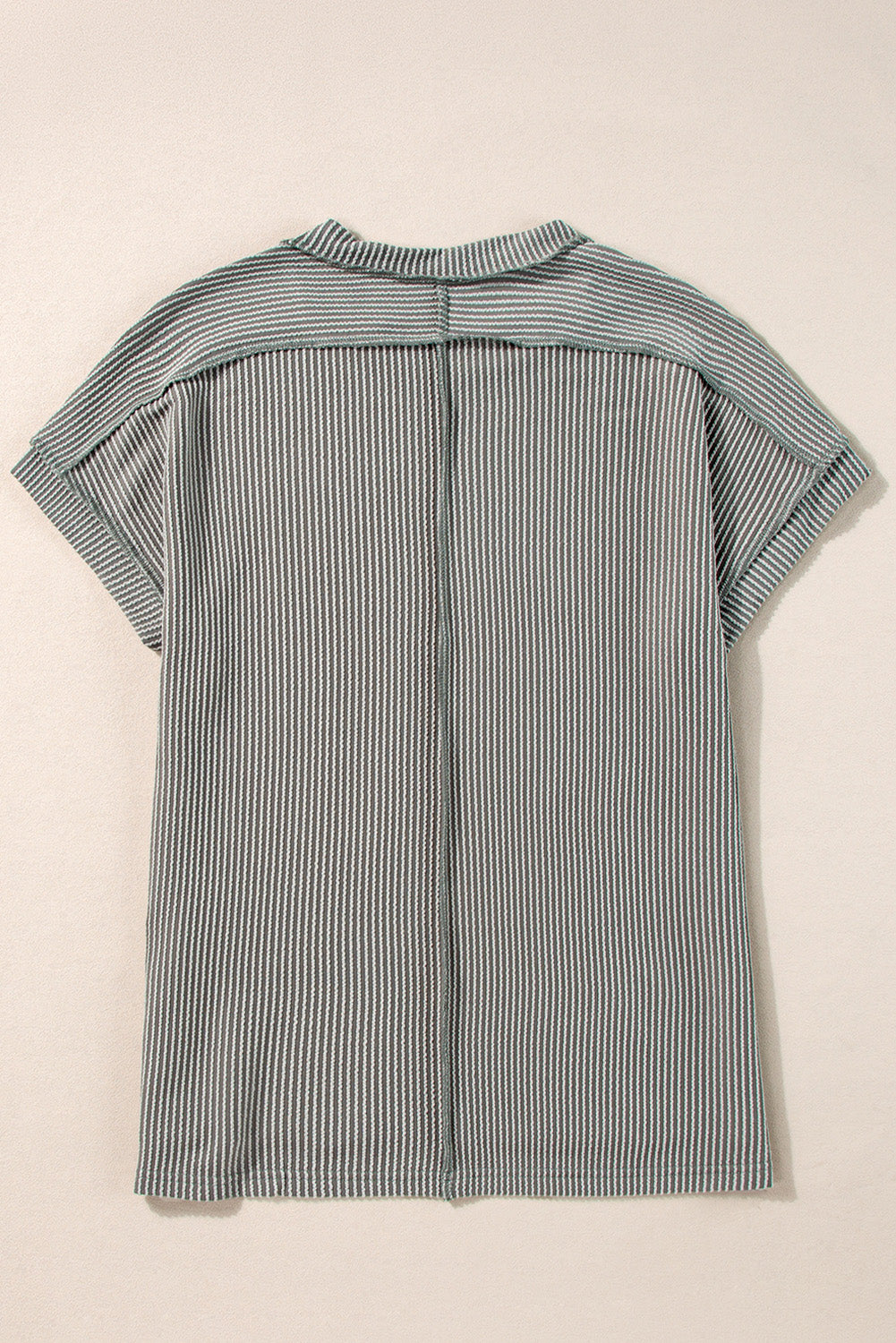 Dark Gray vertical stripe t-shirt with a collared neckline and short sleeves.