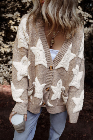 Textured starburst knit cardigan in mocha with button front and pockets.