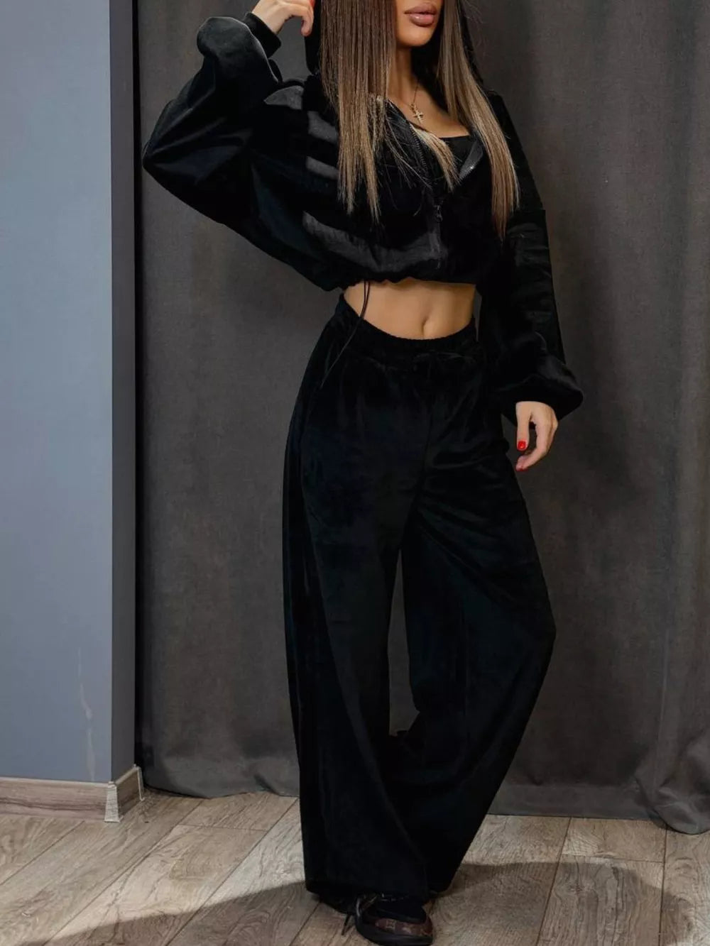 Zip Up Cropped Outerwear And Pants Set, product detail