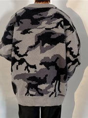 Men's Plus Size Camouflage Round Neck Sweater in Gray, close-up detail