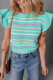 Turquoise striped knit tunic top with ruffled sleeves and a cutout pattern.