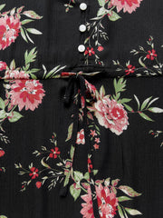 Black floral print viscose maxi dress with drawstring waist and button detail