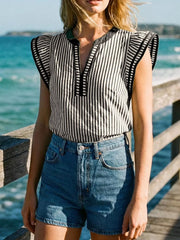 Black and white vertical stripe blouse with ruffle sleeves and v-neck