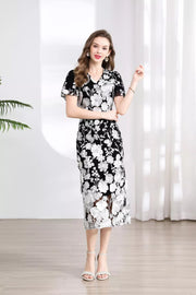 Embroidered Floral Puff Sleeve Midi Dress