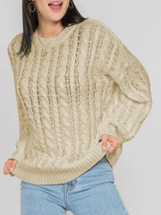 Sand cable knit openwork sweater with crew neck and long sleeves.