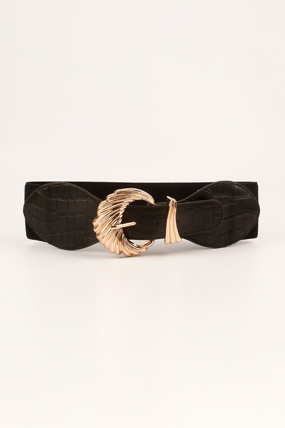 Black croc-embossed elastic belt with a sculptural gold buckle.