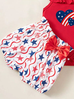 Red patriotic baby set with star print bloomer shorts and bow detail