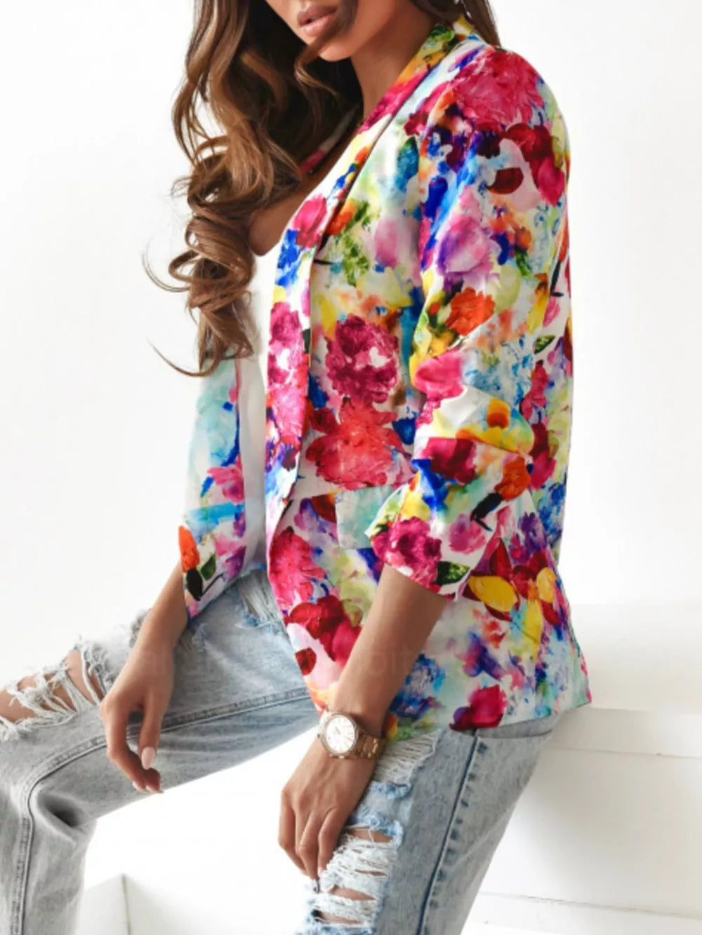 Vibrant Floral Print Open Front Blazer in Red, view 13