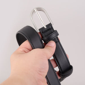 Black leather belt with a decorative silver buckle and textured edge detail.