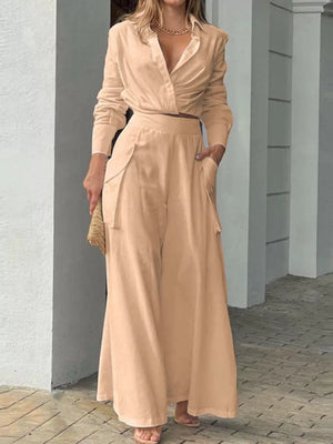 Chic tan two-piece set with pocketed wide-leg pants and a long-sleeve collared shirt.