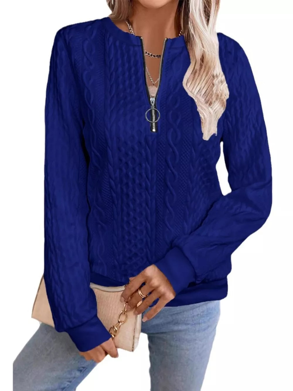 Chic Cable Texture Quarter-zip Sweatshirt in Blue, alternate angle