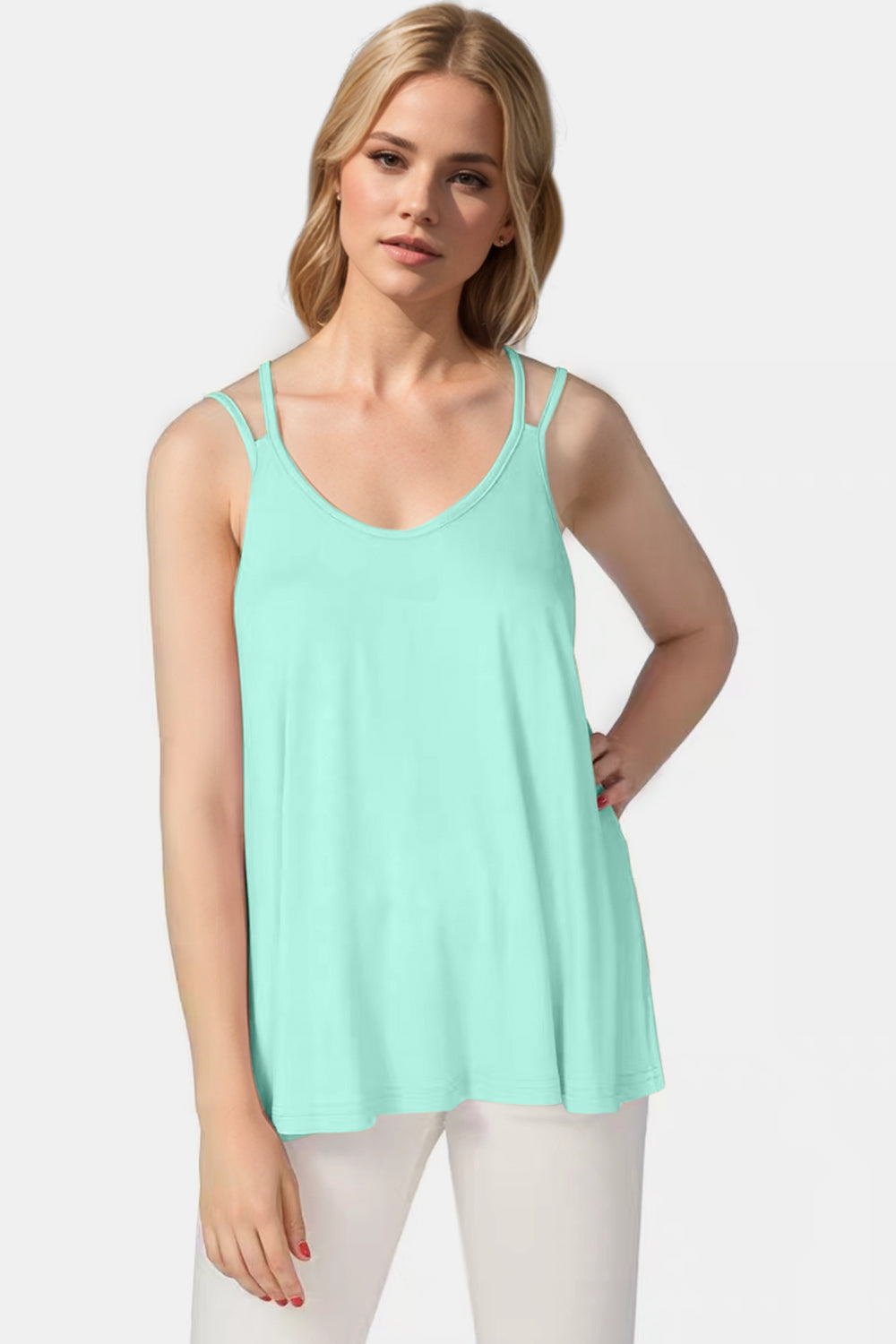 Mint blue double strap trapeze cami with a V-neck.
