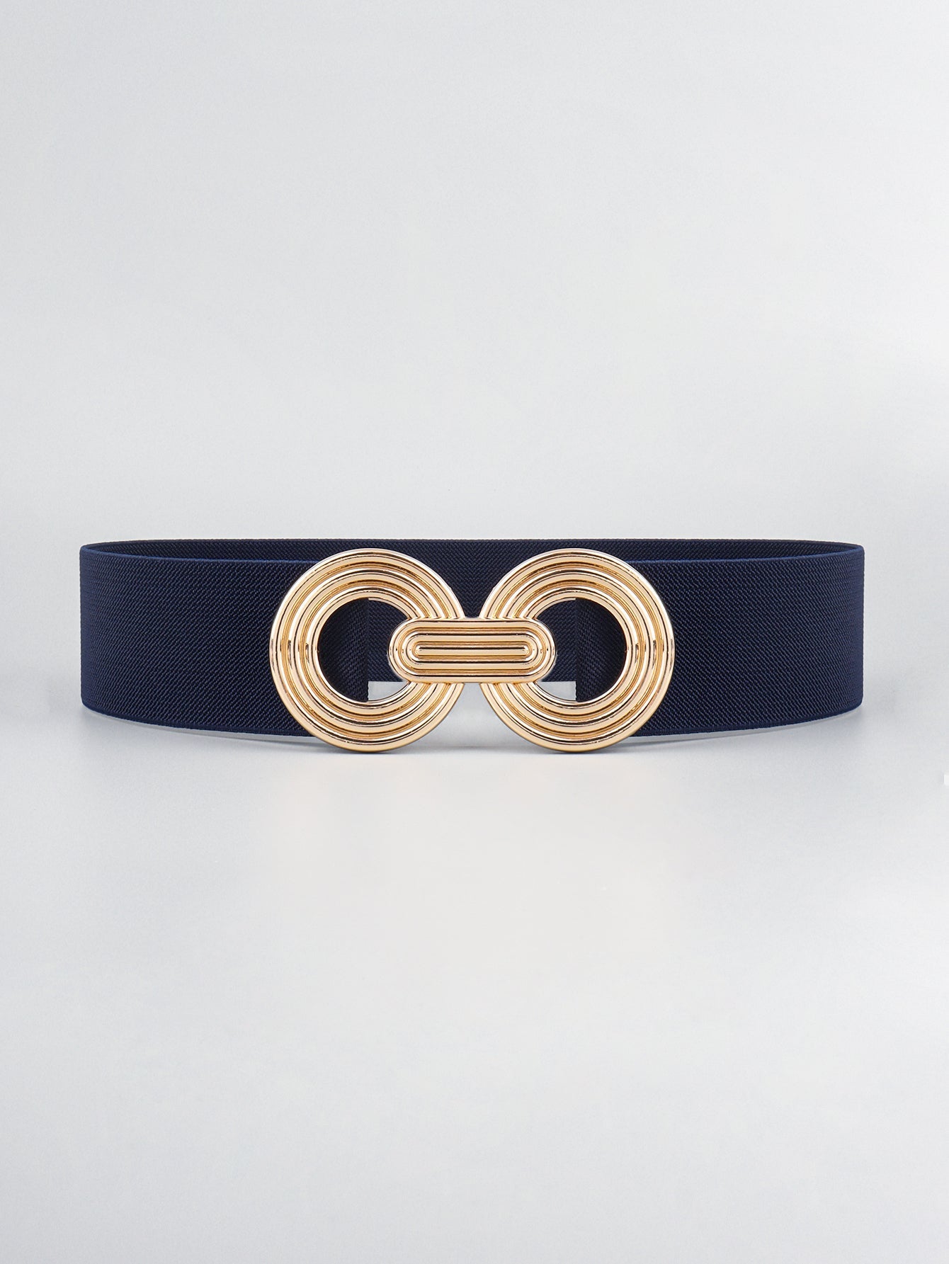 Dark blue stretch belt with interlocking gold circle buckle detail