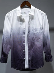 Men's long sleeve cotton shirt with white to dark blue gradient pattern and button-down front.