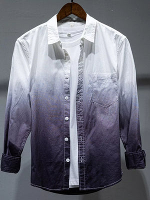 Men's long sleeve cotton shirt with white to dark blue gradient pattern and button-down front.