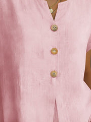 Dusty pink buttoned short sleeve blouse with wooden buttons