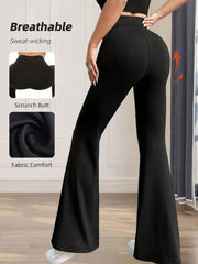 Black high waist flare pants with scrunch butt detail and comfortable fabric.