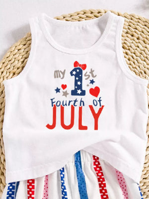 White baby tank top with "my 1st Fourth of July" graphic and striped shorts