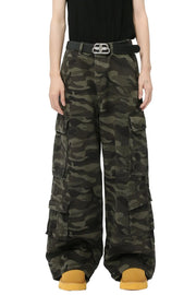 Wide-leg camo cargo pants with multiple pockets and a green camouflage pattern.