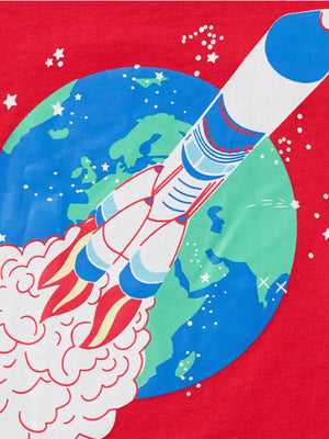 Red cotton t-shirt with a rocket launch graphic and planet Earth.