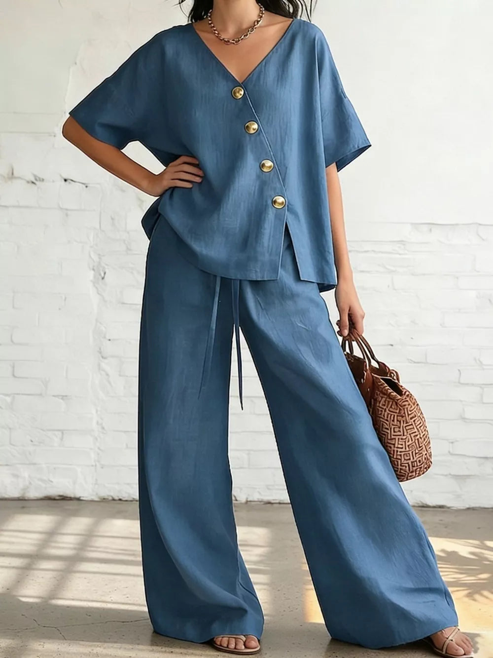 Full Size Surplice Half Sleeve Top And Wide-leg Pants Set, front view