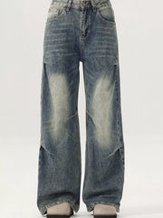 Men's vintage-inspired wide-leg jeans in distressed blue denim with a baggy fit.