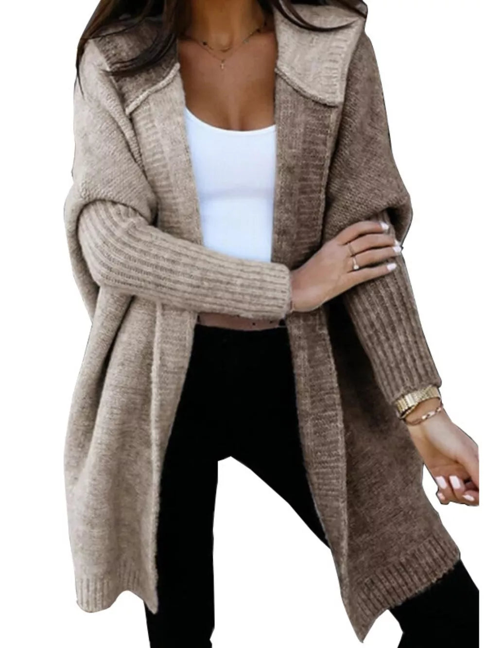 Two-tone hooded knit cardigan in camel and brown, acrylic, open front, long sleeve.