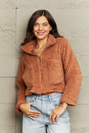 Caramel teddy fleece cropped jacket with zip front and collar