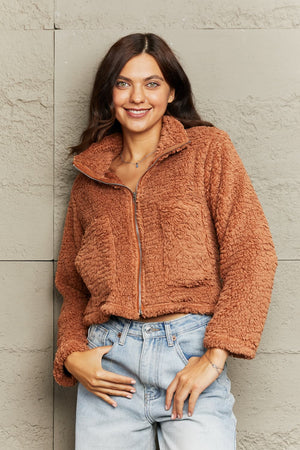 Caramel teddy fleece cropped jacket with zip front and collar