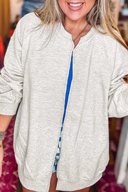 Light Gray zip-up sweater with hip-length and zip-front