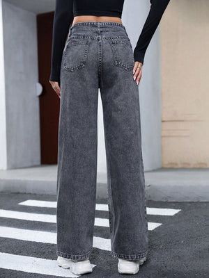 Belted wide-leg washed denim trousers in dark gray with a relaxed fit.