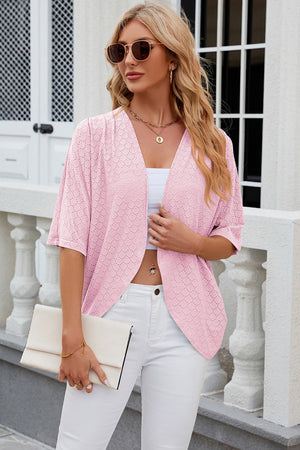 Blush pink open-front crochet kimono top with short sleeves and a relaxed fit.