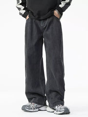 Men's dark wash cotton wide-leg jeans with a casual oversized fit.