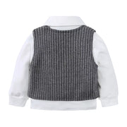 Baby boy's white shirt with dark gray pinstripe vest, buttoned front detail