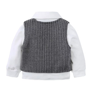 Baby boy's white shirt with dark gray pinstripe vest, buttoned front detail