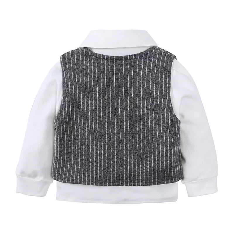 Baby boy's white shirt with dark gray pinstripe vest, buttoned front detail