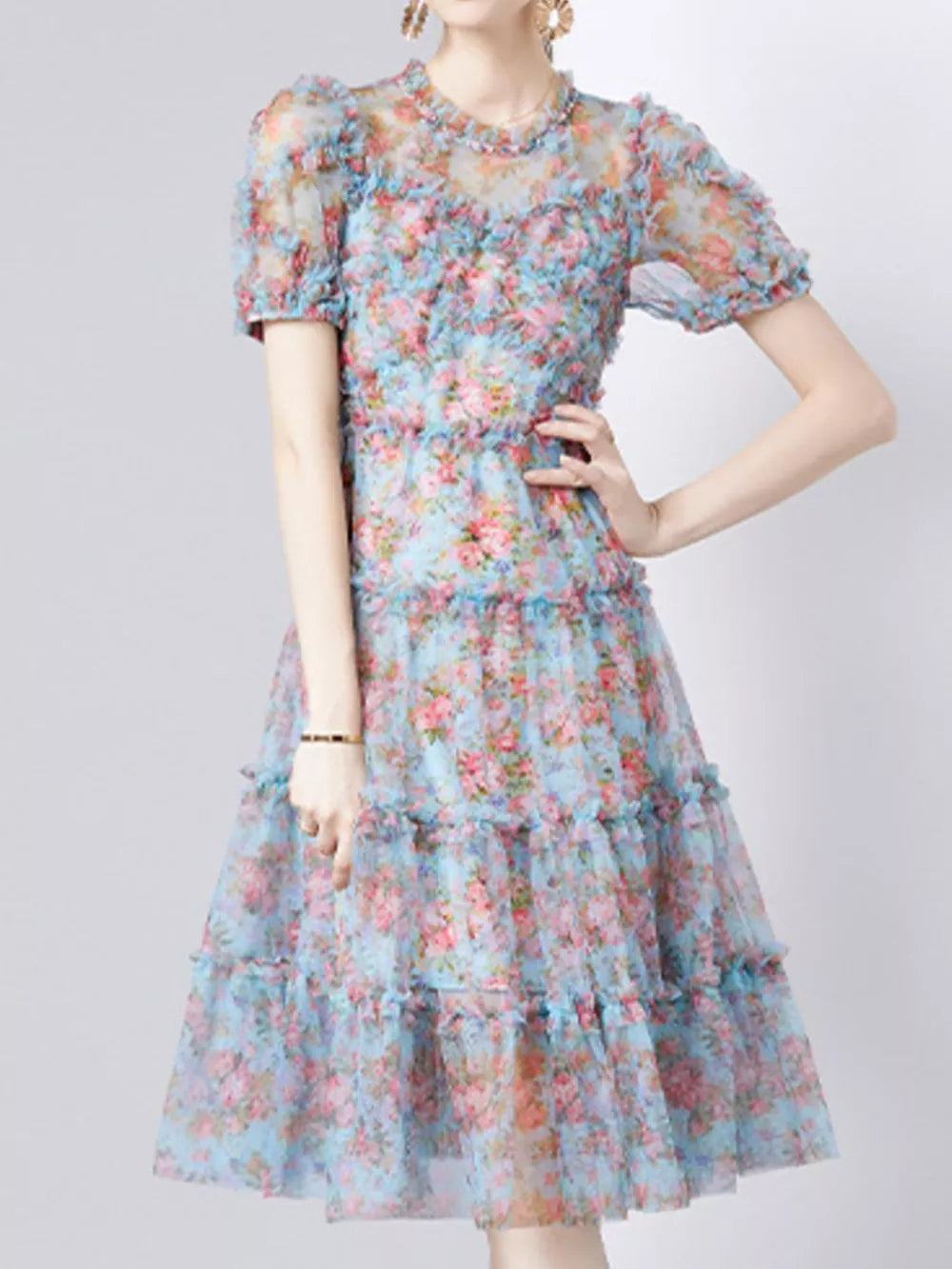 Light blue floral print dress with ruffled short sleeves and tiered skirt.