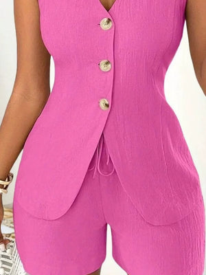 Fuchsia pink button-down vest and shorts set with drawstring detail