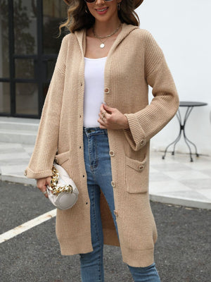 Tan longline button-down knit cardigan with hood and pockets, cuffed sleeves.