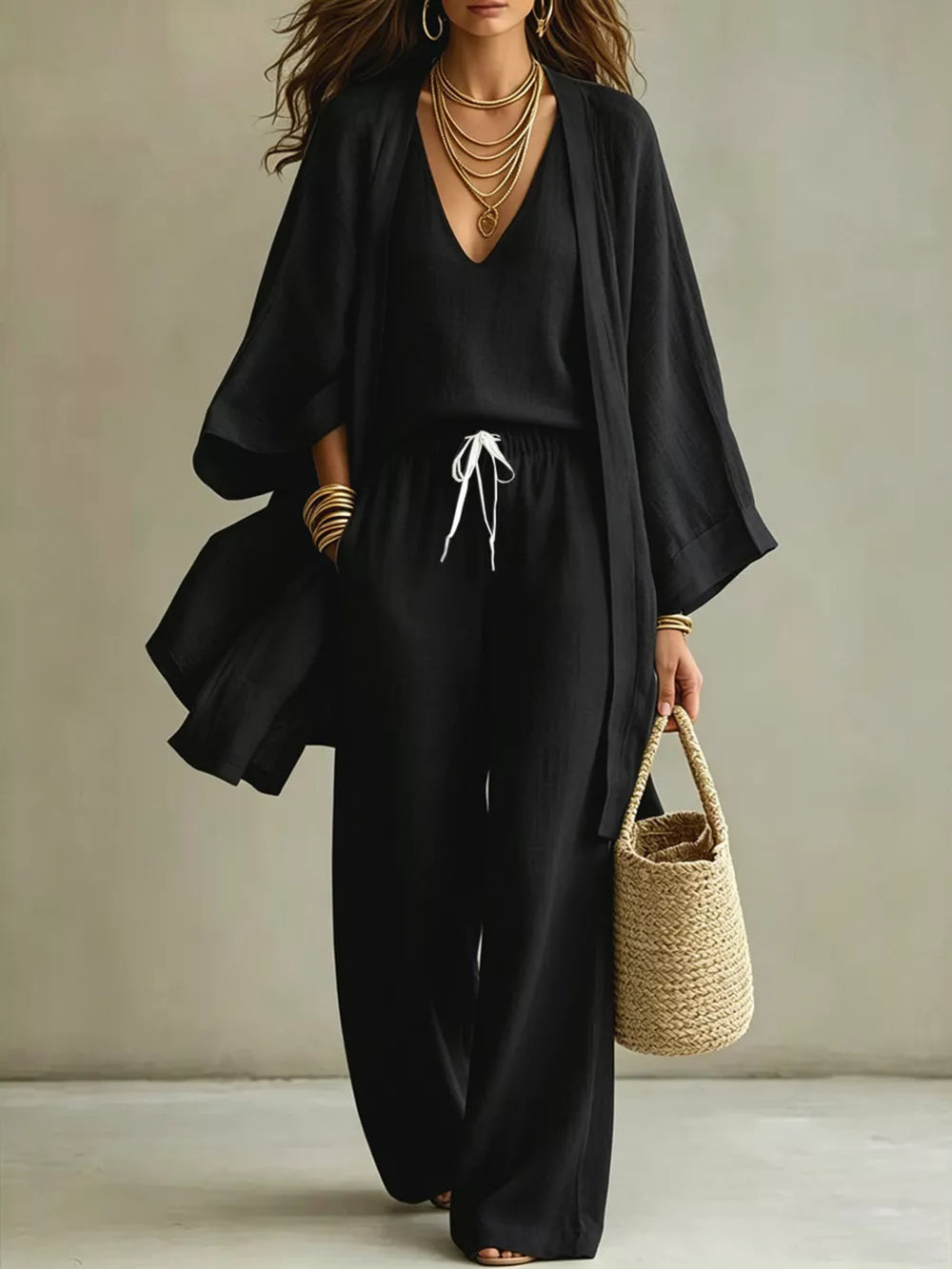 Relaxed V-neck Top And Cardigan Set