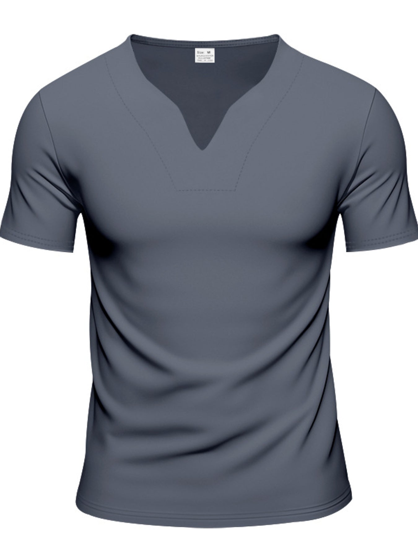 Men's dark gray cotton t-shirt with notched V-neck and short sleeves.