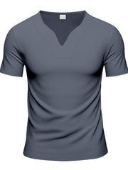 Men's dark gray cotton t-shirt with notched V-neck and short sleeves.
