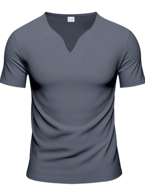 Men's dark gray cotton t-shirt with notched V-neck and short sleeves.